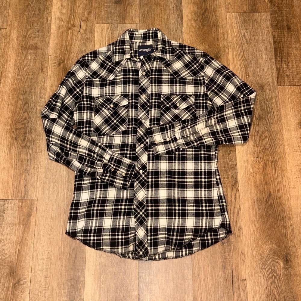 Wrangler Western Pearl Snap Flannel Shirt Black White Plaid Cotton Small